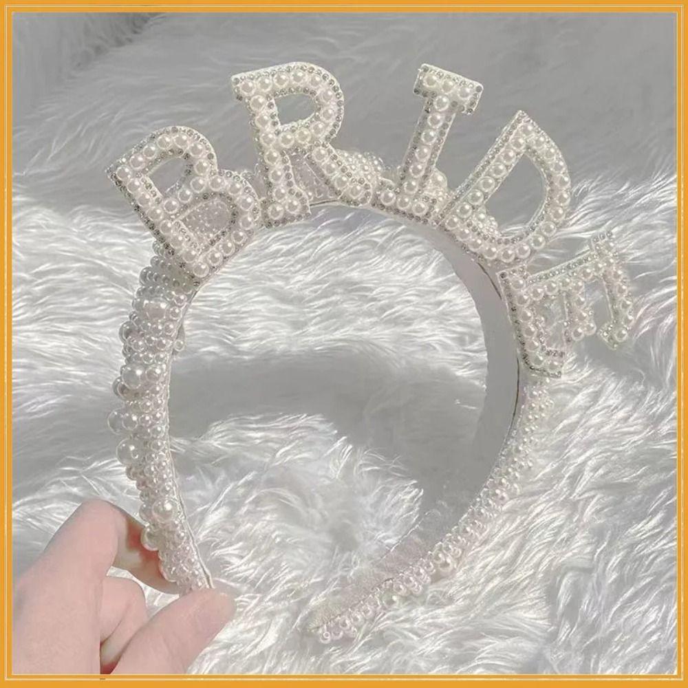 With Veil Pearl Crown Headband White Bridal Hair Accessories  Engagement Dinner Hair Accessories