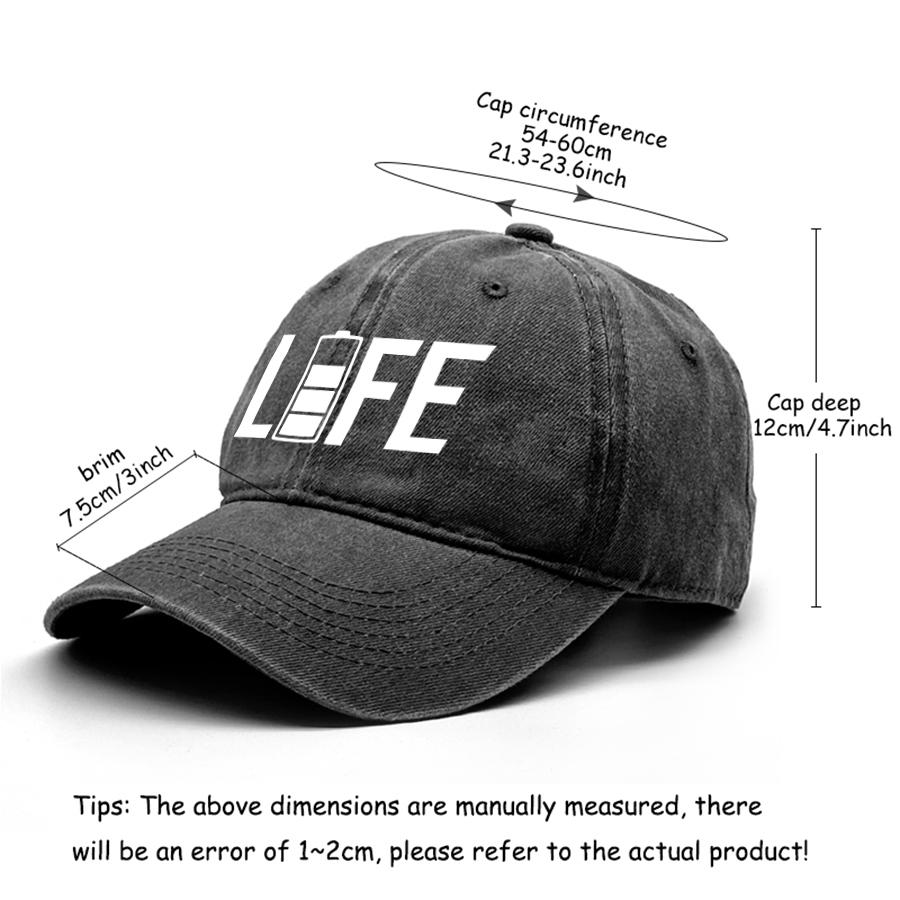 "LIFE" Battery Print Unisex Sun Hat Washed Cotton Hat For Woman Fit Snapback Baseball Hat Perfect For Casual Wear