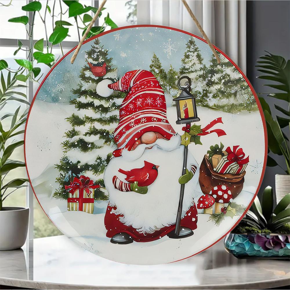 Festlig julnisse med kardinalfåglar Scen Rund Trä Hängande Plakett Vinterhögtid Väggkonst Dekoration Säsongsbetonad Inomhus Hängande Skylt Prydnad