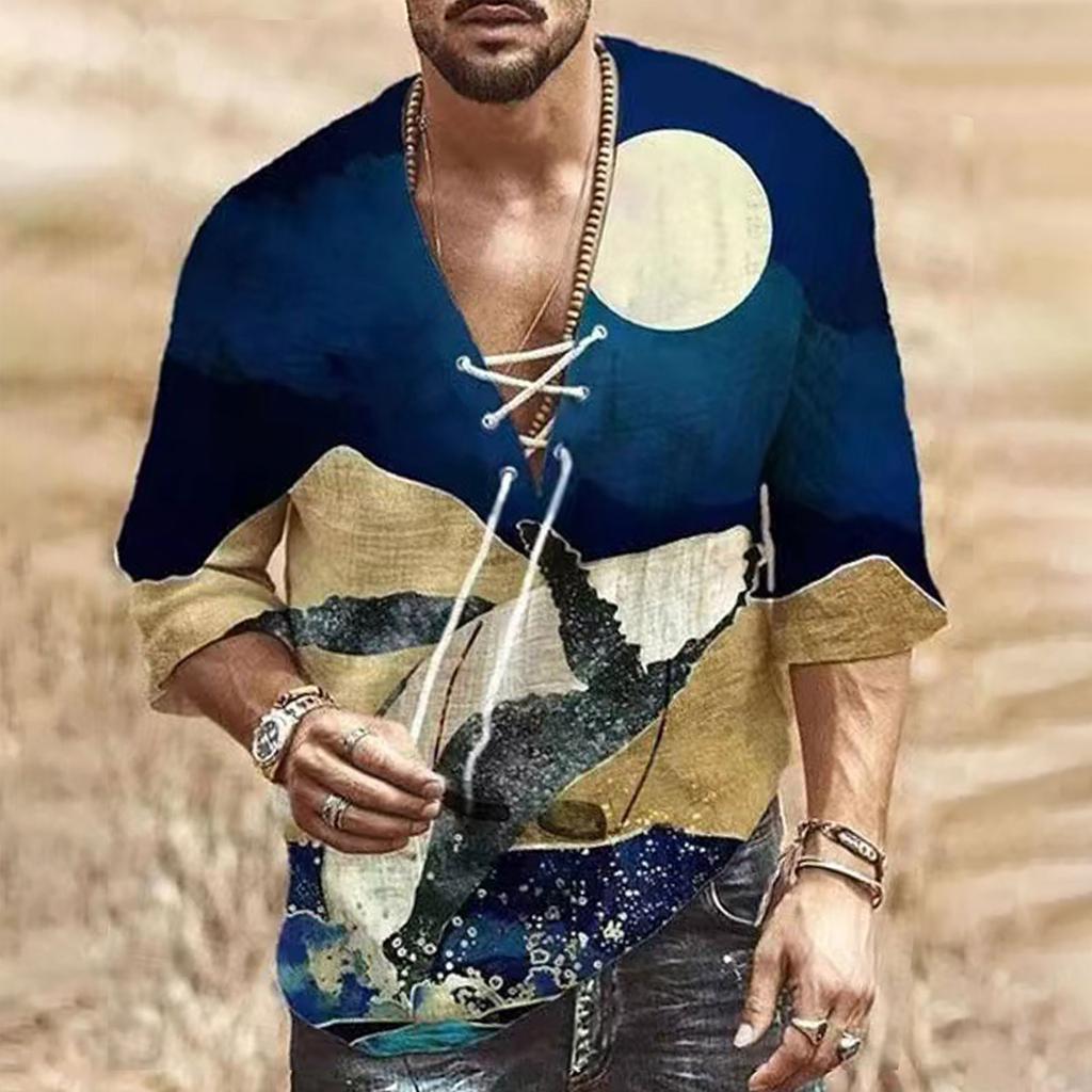 Men's Half Short Sleeve Cotton Linen V Neck Print Loose Shirts