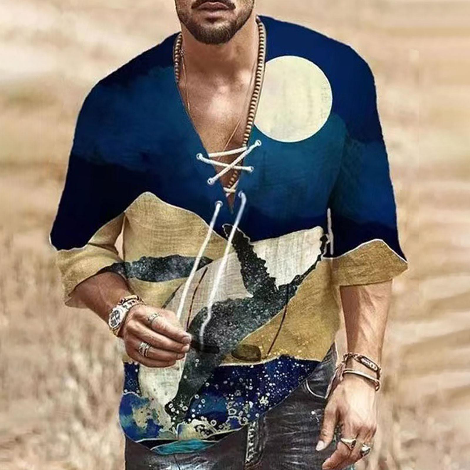 Мужские свободные рубашки из хлопка и льна с коротким рукавом и V-образным вырезом с принтом XXL синий 1498₽