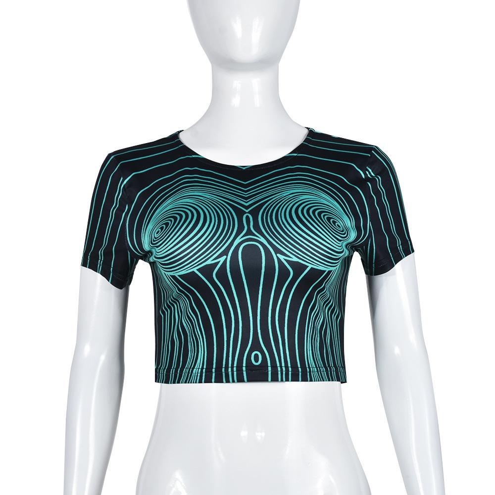 Spring and summer new women's clothing fashion casual round neck long sleeve sexy off-the-button printed slim top women