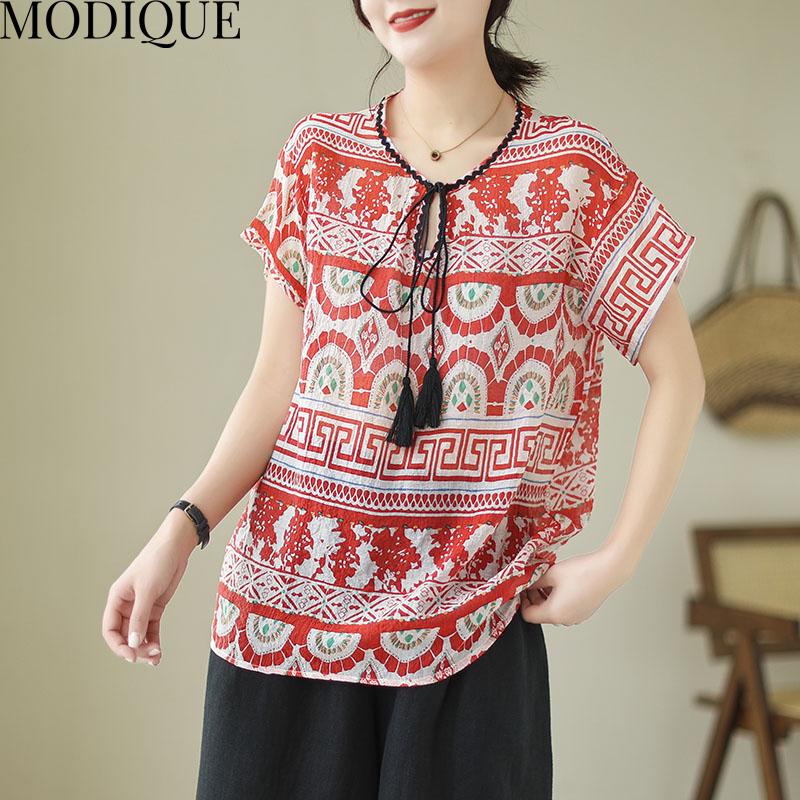 MODIQUE Women Short Sleeve T-shirt Summer Plus Size Loose Casual Elegant Cotton Linen Print Blouse Shirts Lady Basics V-Neck