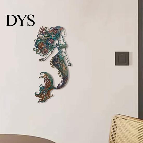 Beach House Wall Accents Metal Mermaid Decoration, Three-dimensional Hollow Iron Art Vintage Style Ocean Decor Sculpture, Retro Hanging Figures