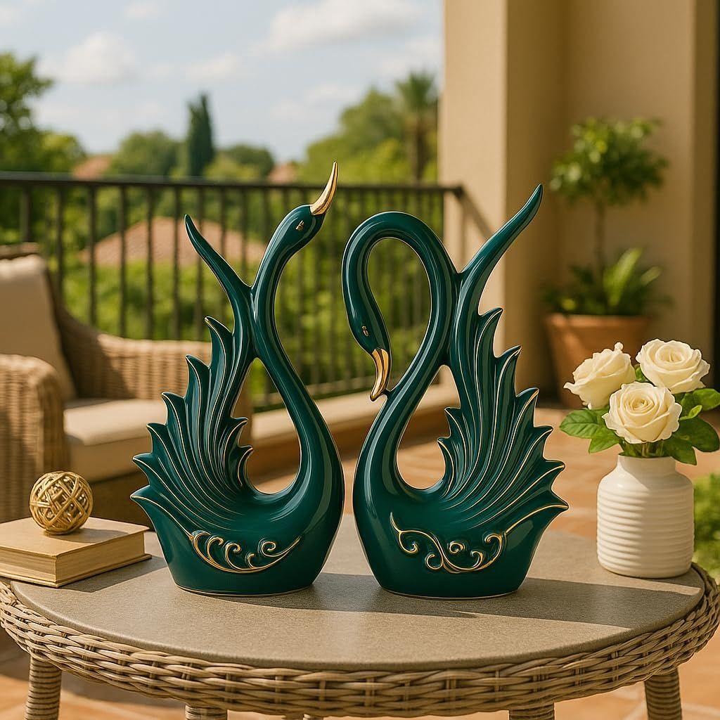 Modern Elite Swan Pair Ceramic Art Figurine | Beautiful Home Decor- 2 Piece, Dark Green, Medium
