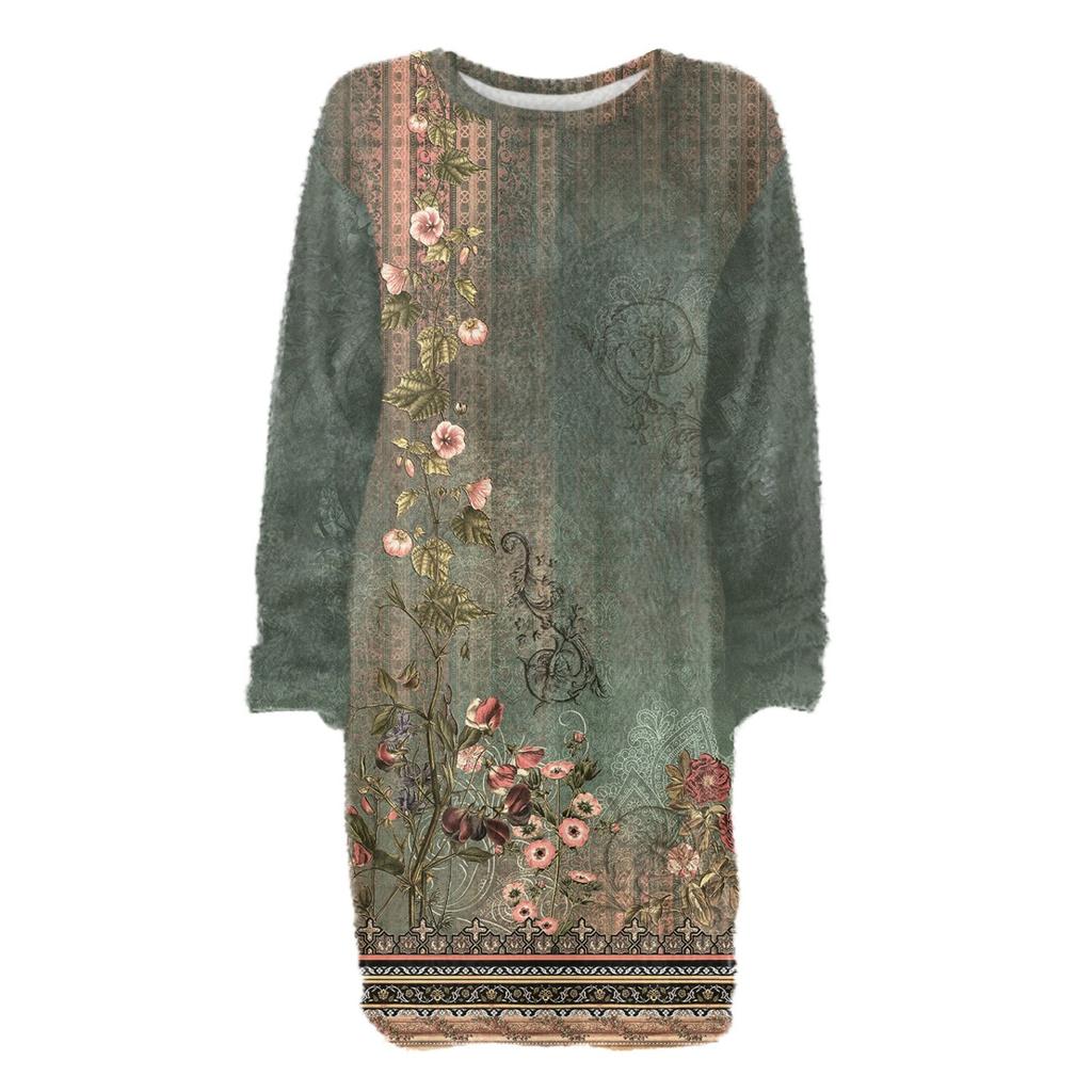 Women's Round Neck Casual Long Sleeve Plush Gradient Vintage Floral Print Dresses