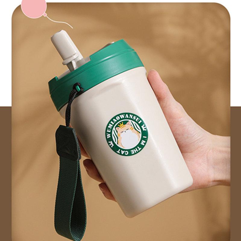 520ML/620ML Cartoon Cat Pattern 304 Stainless Steel Thermal Cup For Coffee Direct Drink/Straw Drinking 2in1 Travel Mug Leakproof