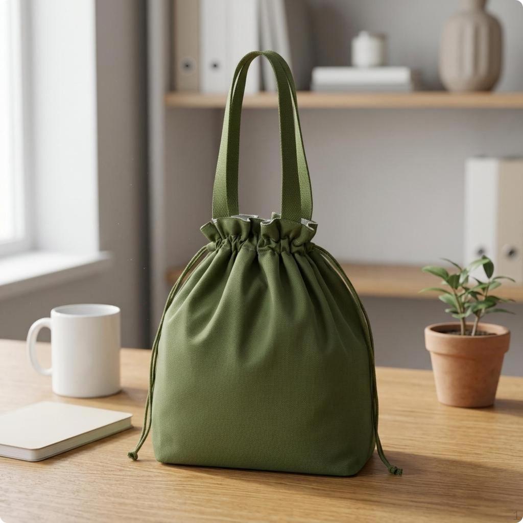 Drawstring Meal Bag Gathered Opening Canvas Top of Handle Carrier Black