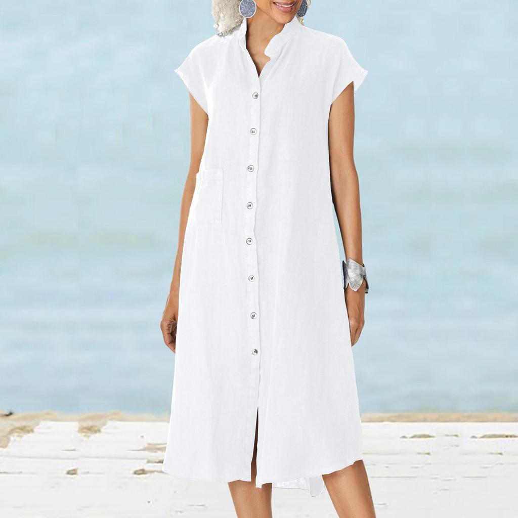 Cotton Linen Long Dress With Pocket And Stand Collar For Casual Travel