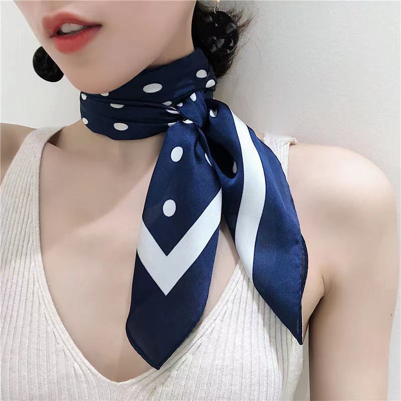 Women's Polka Dot Small Square Scarf: Silk-like Satin Fabric Fashionable Versatile Necktie & Scarf for Spring & Autumn