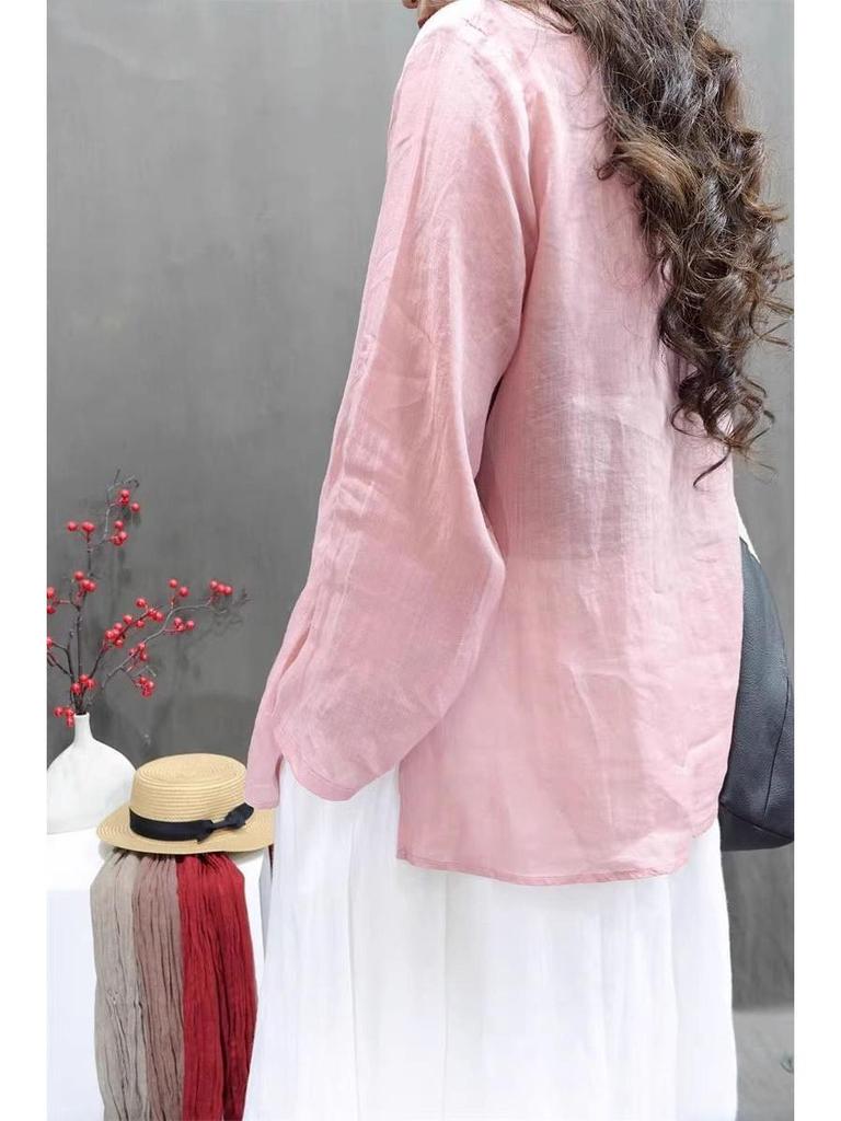 Leichtes Retro-Damen-Langarm-Hemdblusenkleid aus Baumwoll-Leinen