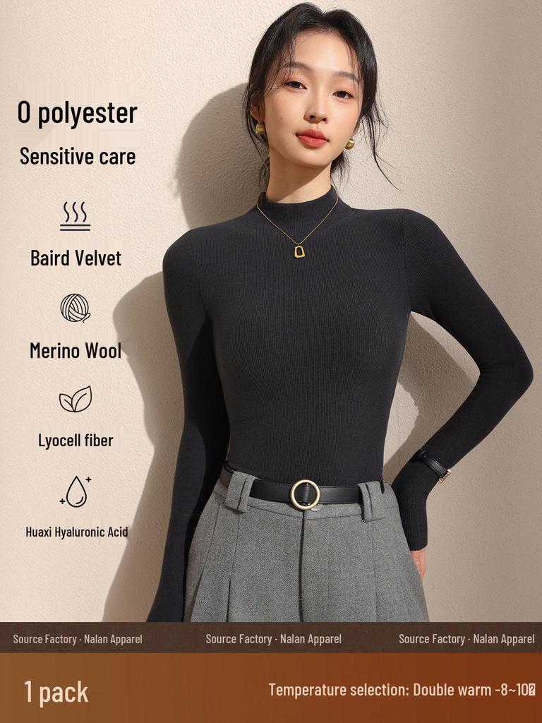 Women's Black Fleece-Lined Half-High Neck Base Layer Knit Top - Thickened Long Sleeve for Autumn/Winter 2026