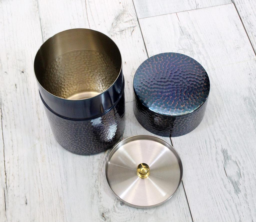 Shinkodo Made In Japan Pure Copper Tea Caddy Blue Covered Hammer Eye Gift Wrapping Specification (Large)