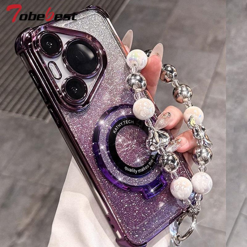 Stoßfest Glitzer Beschichtung Magsafe Halter Perlenarmband Hülle Für Huawei Pura 70 Ultra P70 P60 P50 P40 P30 Lite Pro Hülle
