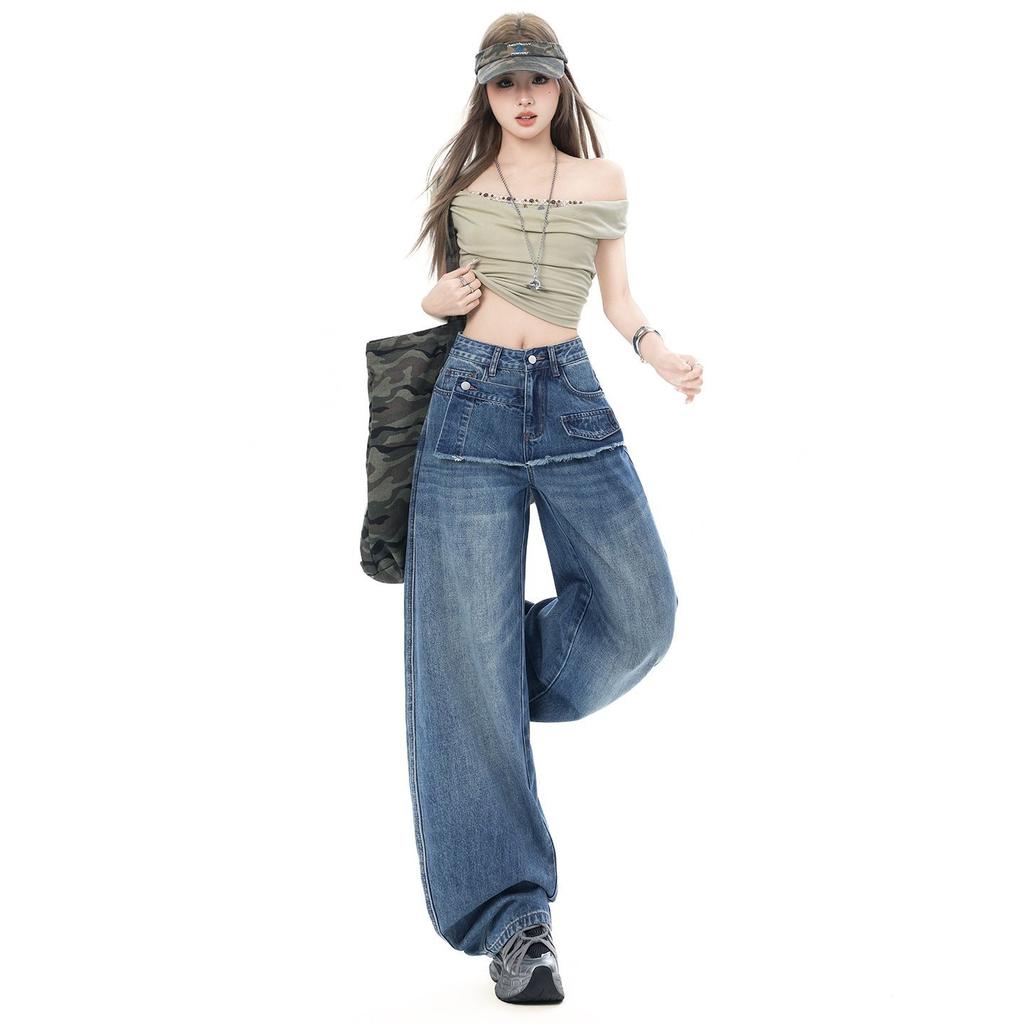 Spring Summer Fake Two Piece Vintage Wash Trendy Overlay Floor Wide Leg Denim Pants For Ladies Casual Pants Oversize Denim Trousers