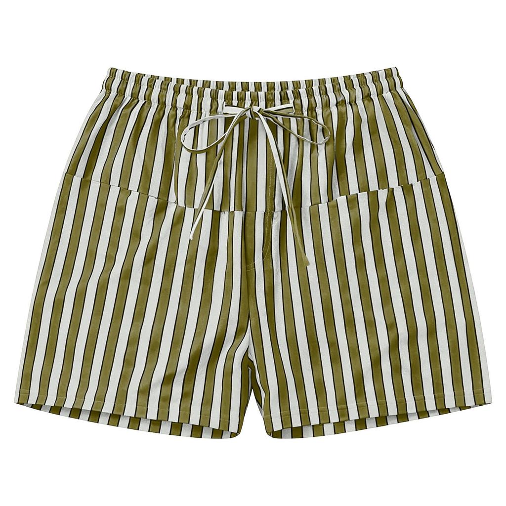 Women's Casual Striped Shorts with Elastic Waist and Drawstring Pockets Lightweight Comfortable Summer Bottoms