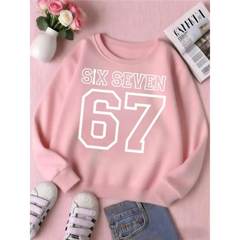 Unisex Kids White Fleece Crewneck Sweatshirt For 4-12 Boys Girls Varsity Outline Font SIX SEVEN Large Number 67 Print Soft Thick Long Sleeve Pullover