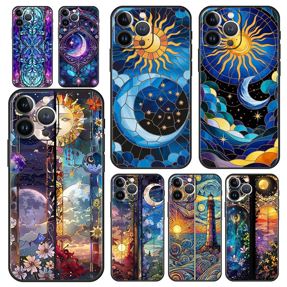 Beautiful Sun Moon Glass Phone Case Cover for iPhone 17 16 15 14 13 12 Pro Max 11 Pro Max 17 AIR Plus Shockproof Soft TPU Shell