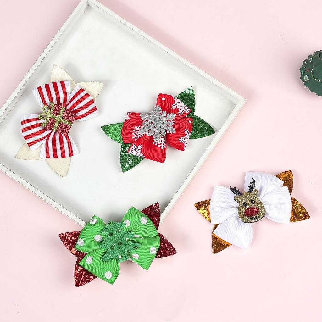 4 Inch Christmas Glitter Bow Hair Clip For Children Cartoon Hairpins Baby Reindeer Barrettes Ornament Hairgrip Hair Accessories