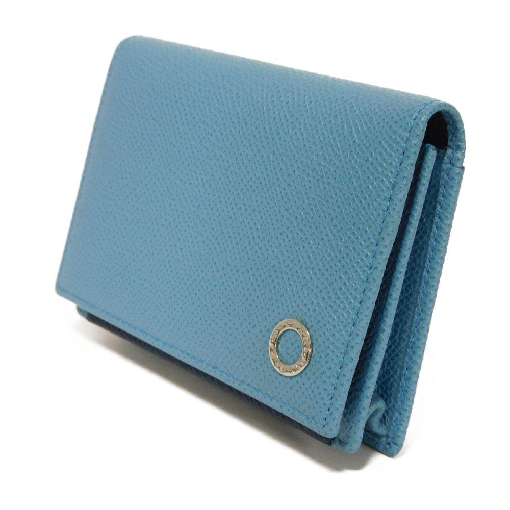Used Bulgari Man Business Card Holder 7946 Navy Bi-Color Calfskin Bifold RFID Case (11679) Logo Metal Light Blue Men's