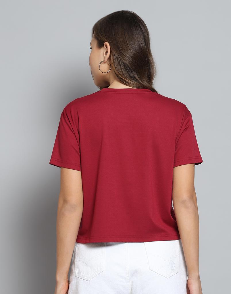 Monte Carlo Womens Printed Maroon Round Neck Half Sleeve Top
