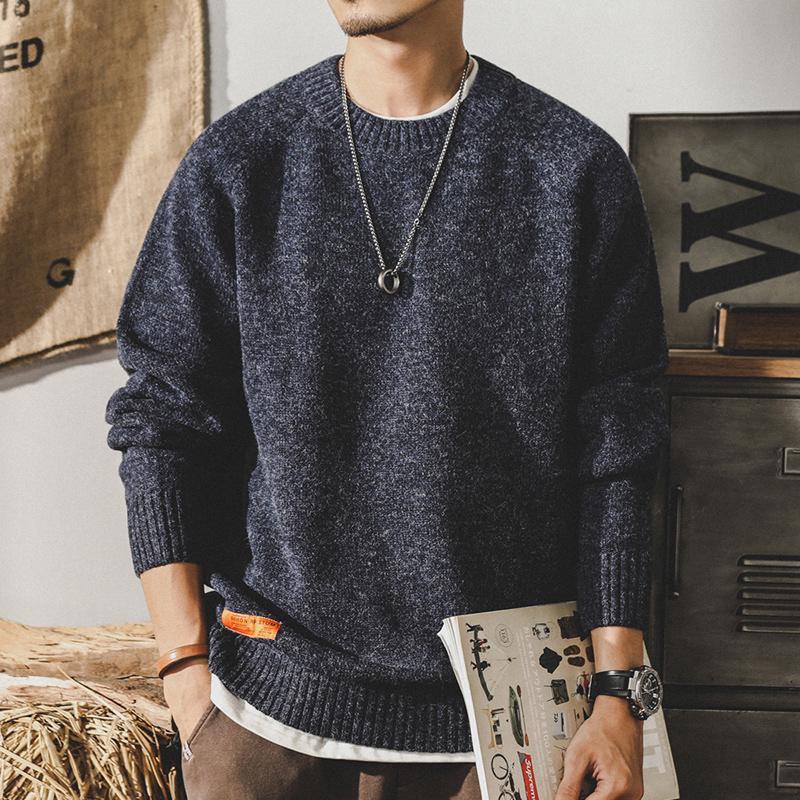 

Men s Classic Retro Winter Sweater - Casual Loose Round Neck Knitwear, Plus Size Available L for 130-145 jin синій