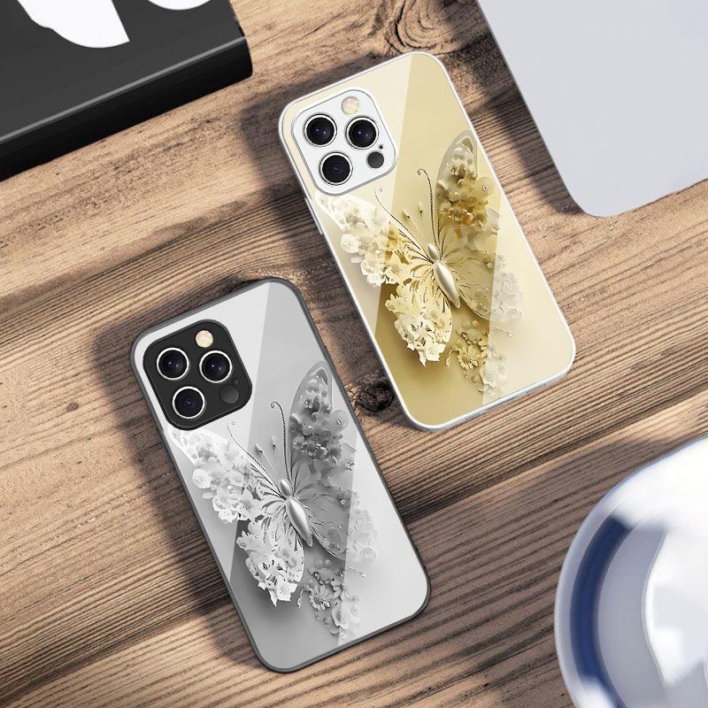 Farfalla Fiore Verde Per iPhone 16 E 15 14 13 Plus 12 mini 11 Pro Max XR Xs Max X 7 8 6 6S 2022 Custodia in Vetro Temperato per Telefono