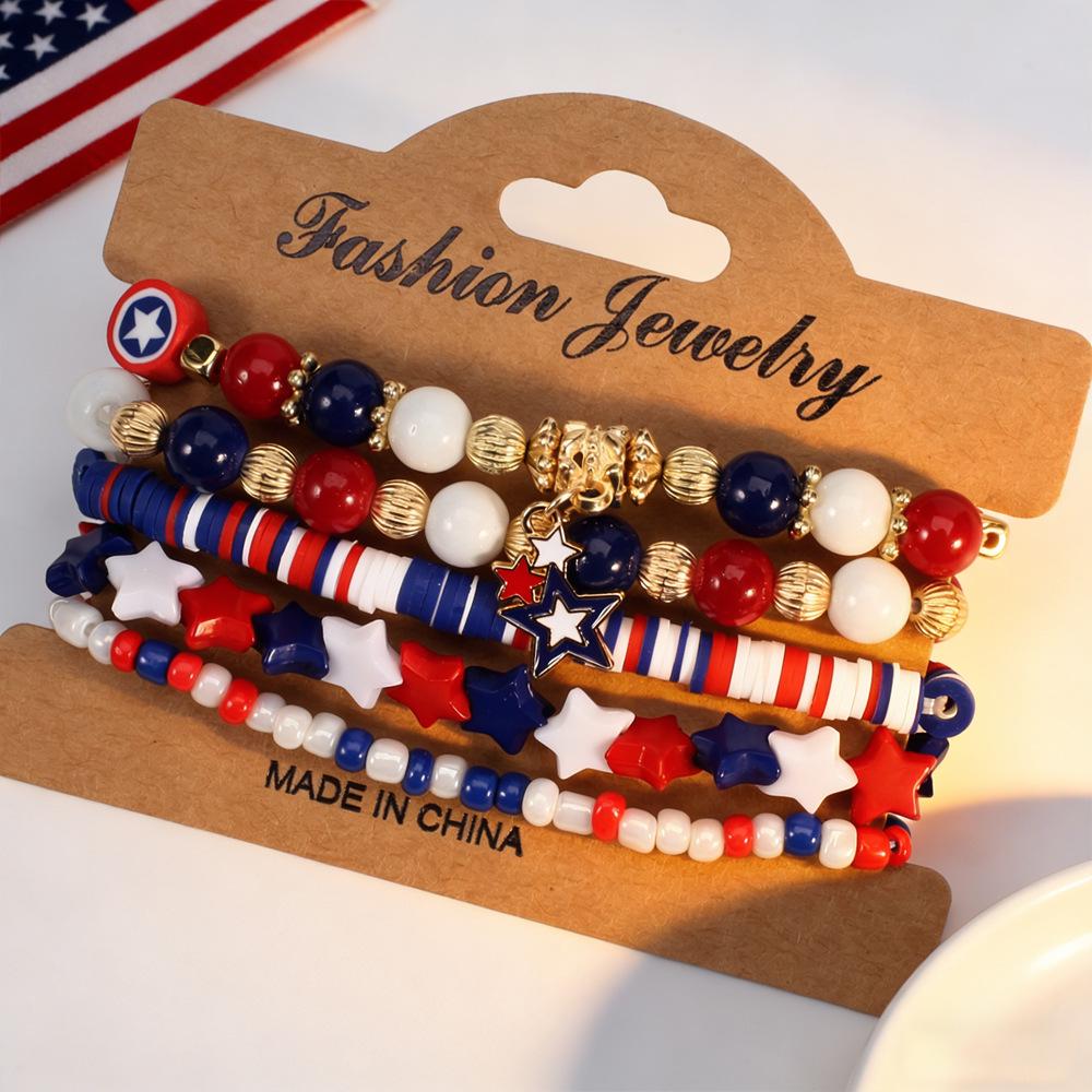 Independence Day Red, White & Blue Beaded Bracelet Set with Artificial Crystal & Polymer Clay