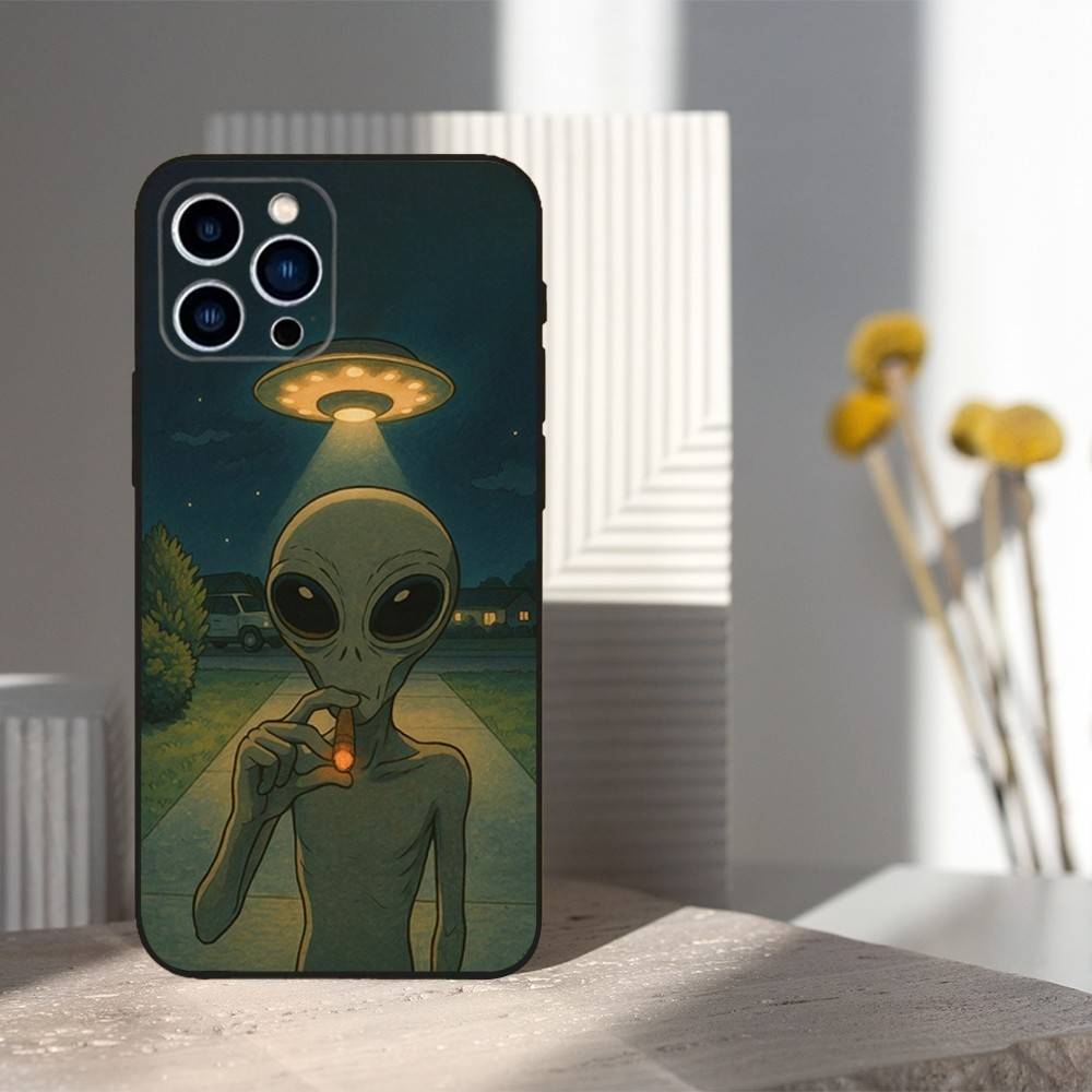 Space Art UFO Alien Thing Phone Case For iPhone 16,15,14,17,13,12,11 Plus,Pro Max,XS,X,XR,SE,Mini,8,7,Soft Silicone Black Cover