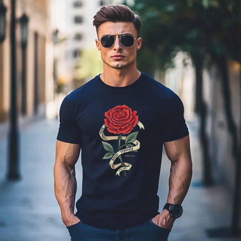 

Красные розы, завернутые в ленты, печать футболка мужская хлопковая дышащая футболка одежда свободного покроя футболки с коротким рукавом XXXXXL темно-синий