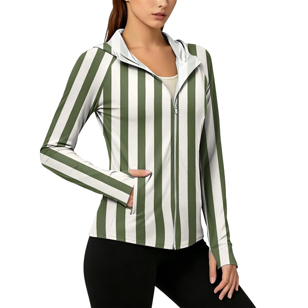 Women's Lightweight Zip Up Hoodie with Hood and Pockets Long Sleeve Striped Sun Protection Jacket for Outdoor Activities