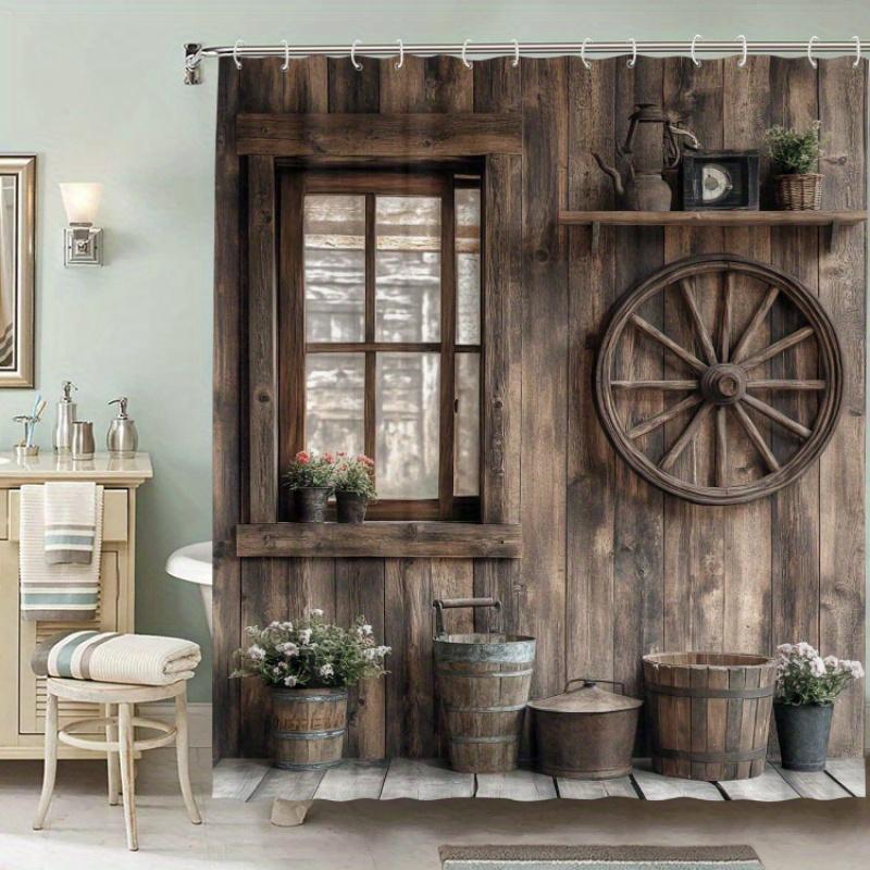 Rustic Wooden Barn Shower Curtain Vintage Window Wheel Bucket Decor Farmhouse Bathroom Art 3D Printed Waterproof Bath Curtain