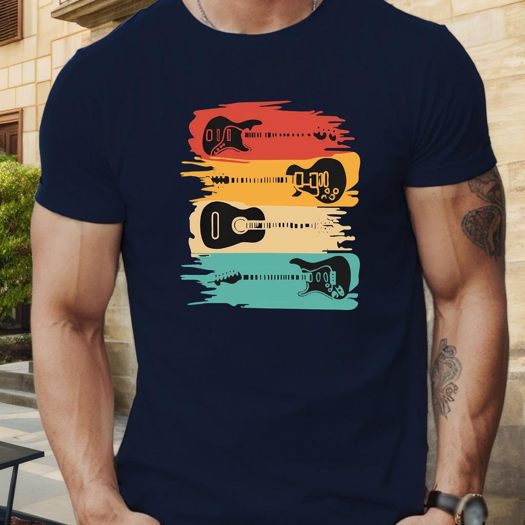 Men Summer Cotton T-Shirt with Colorful Guitar Silhouette Design Crew Neck Regular Fit Men Clothing Comfortable