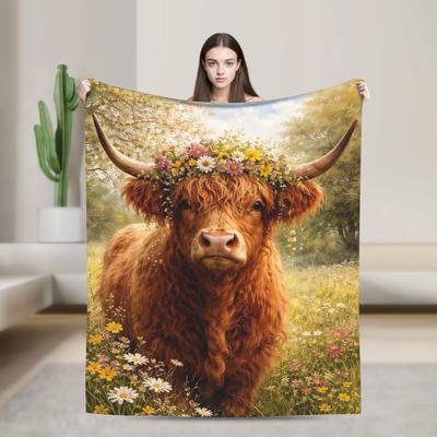 Highland Cow Boho Floral Blanket Velvet Spring Autumn Breathable Ultra-Soft Throw Blankets for Bedding Couch Quilt