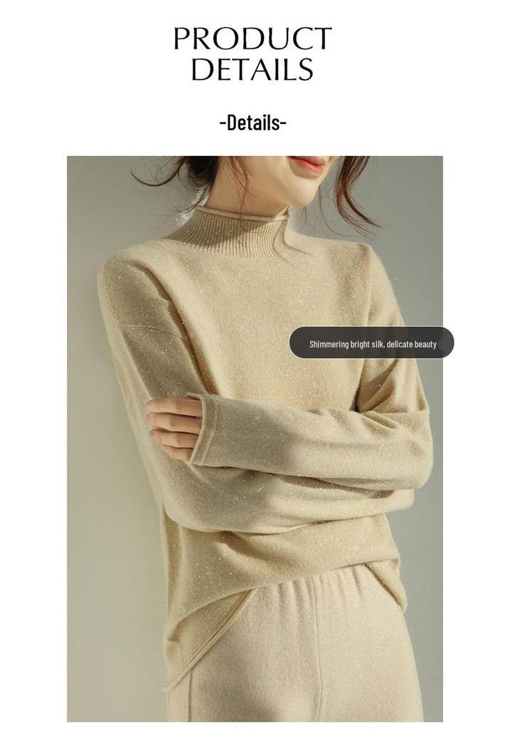 Gold & Silver Thread Half-High Collar 100% Pure Wool Sweater: Loose, Soft Red New Year Knitwear
