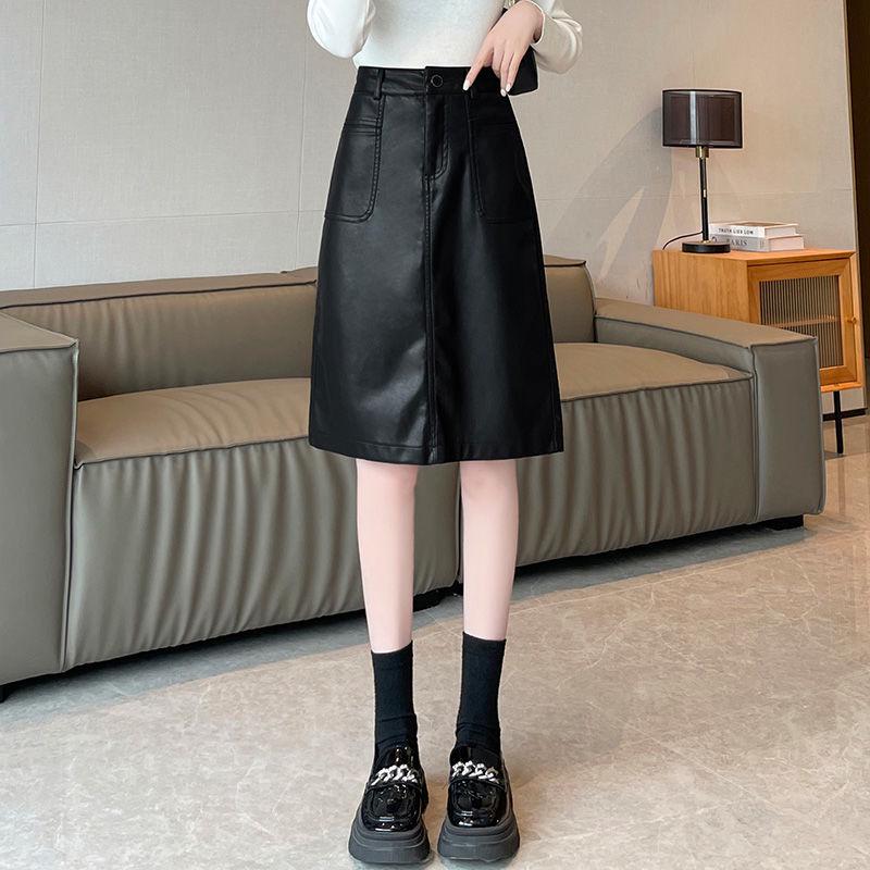 Plus Size Women's Leather Bodycon Midi Skirt - Slimming A-Line with Pockets for Autumn/Winter