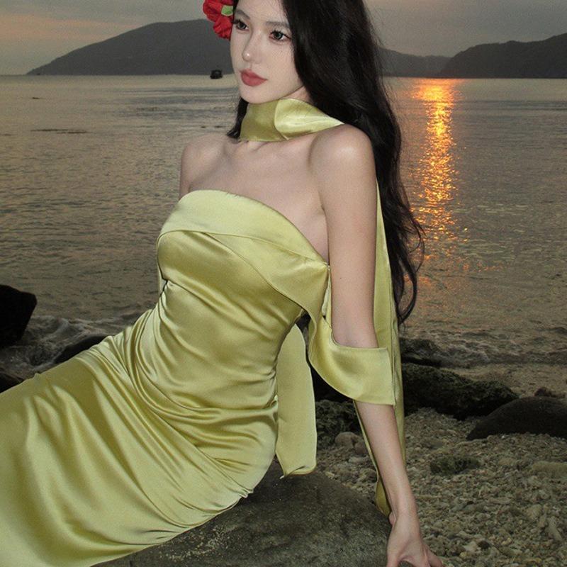 French Acetic Acid Satin Tube Top Dress Women's High-end Beach Vacation Dress One-word Collar Birthday Evening Dress
