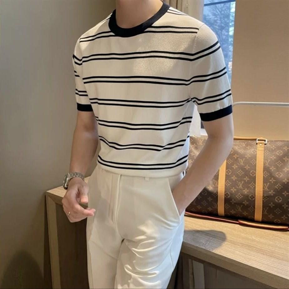 Korean Style Slim Fit Men's Striped Ice Silk T-Shirt