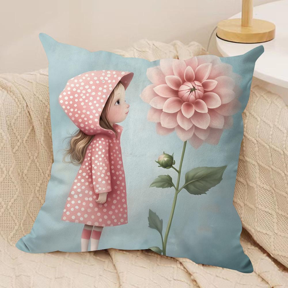 The girl is holding flowers Cushion Cover Soft Plush DoubleSided Printed Sofa Pillow Cushion Cover  Cozy AllSeason Decor Gift