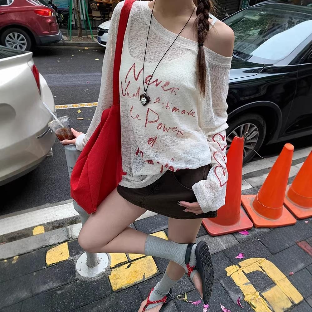 Korean Thin Sunscreen Blouse Women's Summer New Long-sleeved T-shirt Spice Girl Loose and Unique Off-shoulder Slanted Shoulder Top