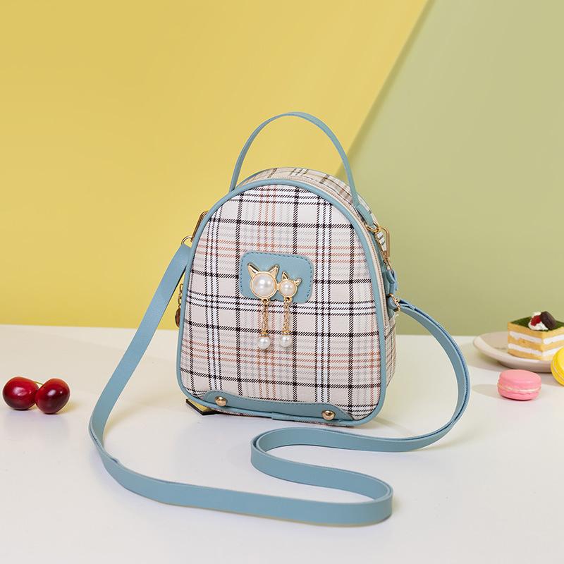 Ladies Scottish Plaid Small Backpack Autumn and Winter New Cat Pearl Mobile Phone Small Bag