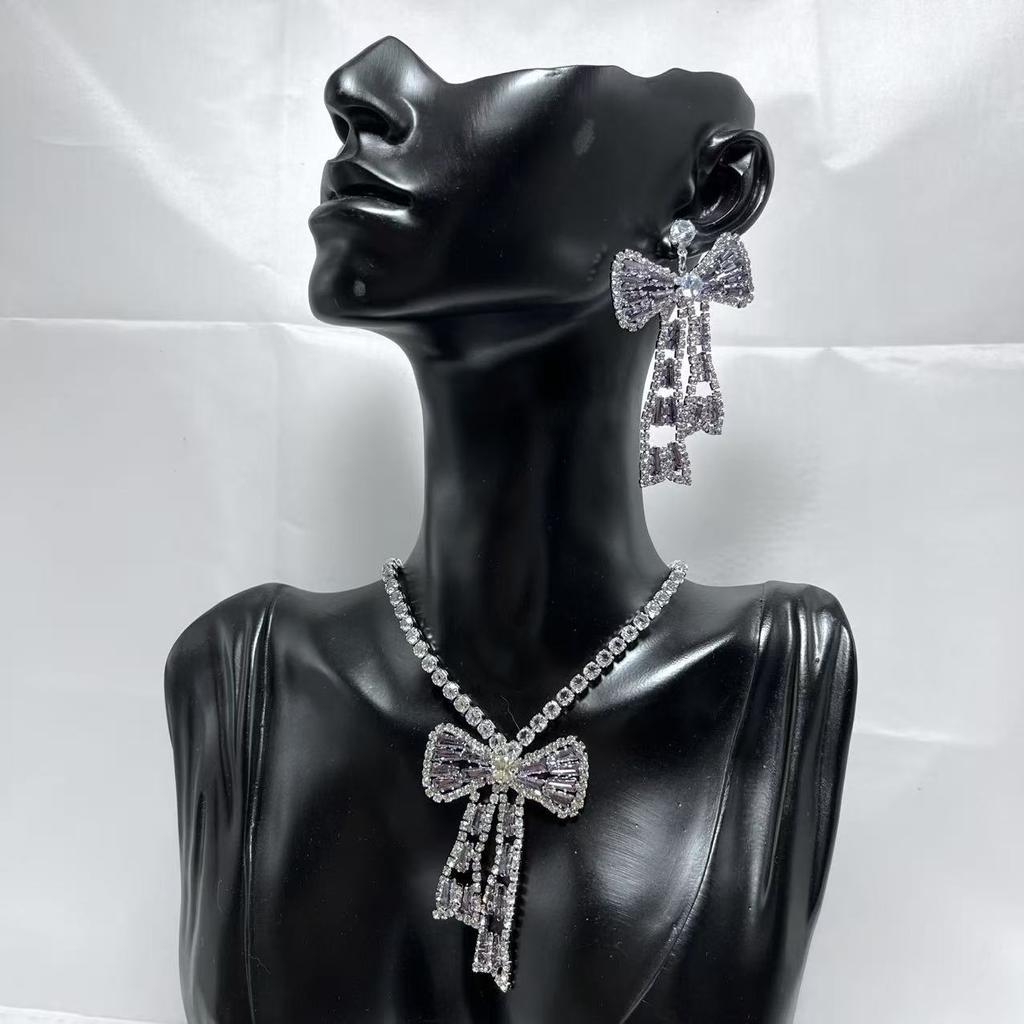 Korean Bow Necklace Ins Full Diamond Tassel Temperament Light Luxury Rhinestone Simple Neck Chain Collarbone Chain Fashion Jewelry