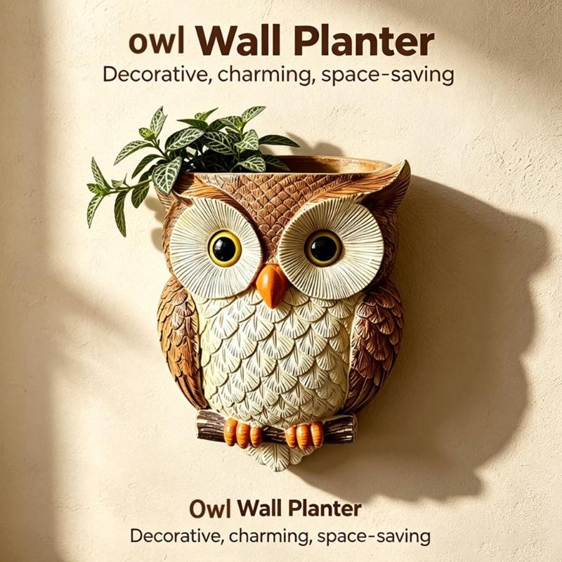 Resin Owl Hanging Wall Pot With Textured Finish and Back Hook Slot, Flower Holder for Small Plant, Balcony Wall, Entryway, and Indoor Display