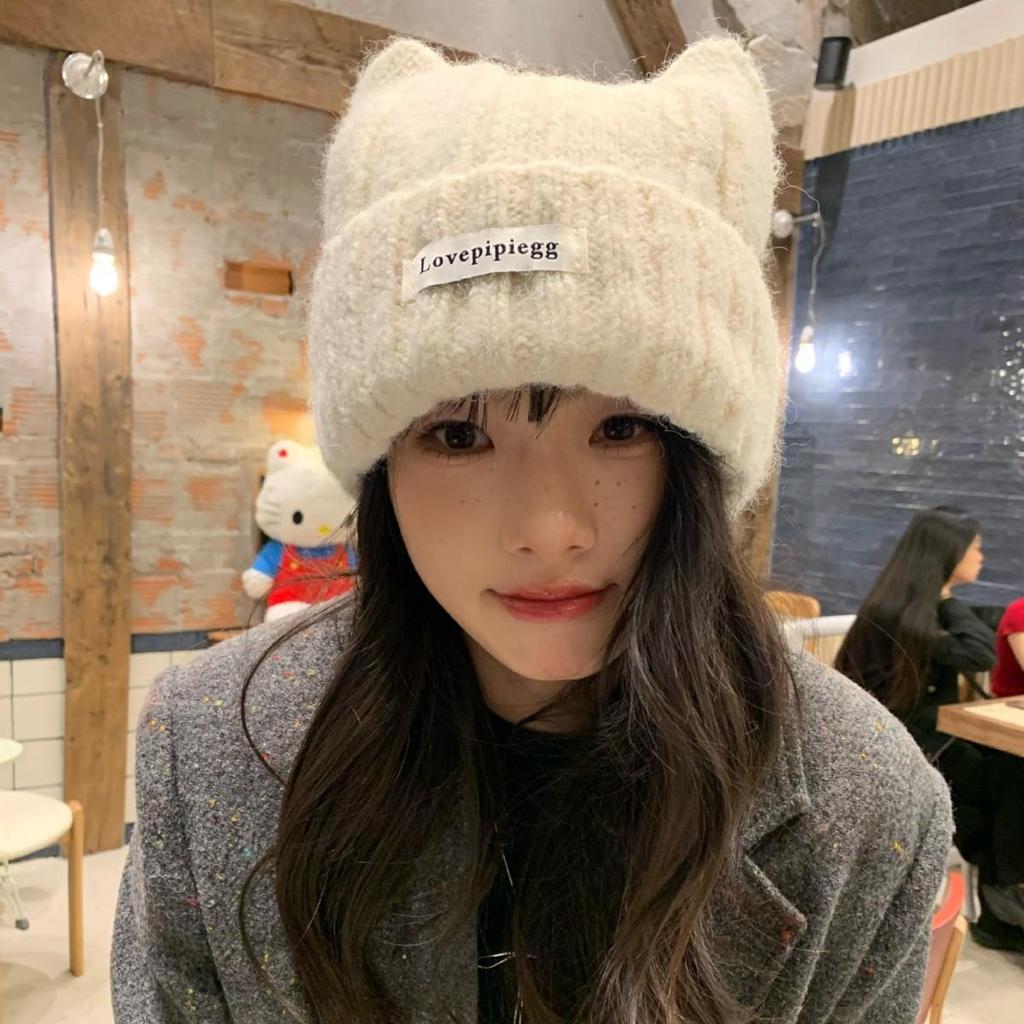 Women's Korean Style Cute Cat Ear Wool Knit Hat - Breathable, Warm, and Windproof for Winter & Autumn