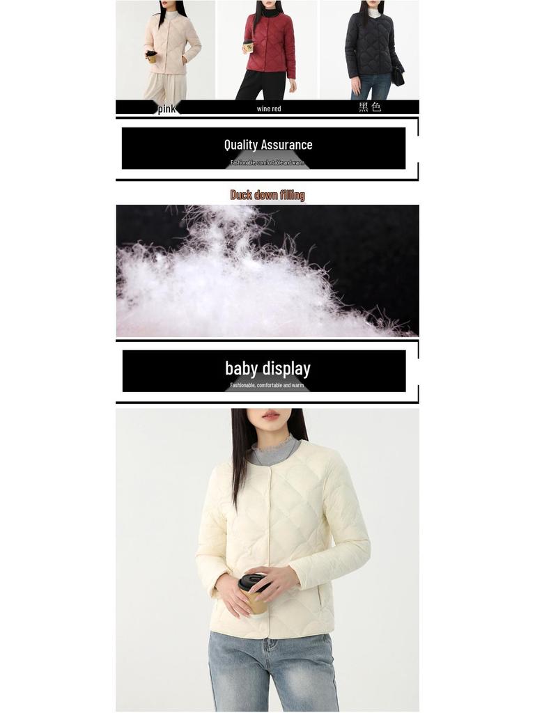 Women's Lightweight Round Neck Down Jacket – Fashionable Plus Size Thin Style with 90% Duck Down Filling.
