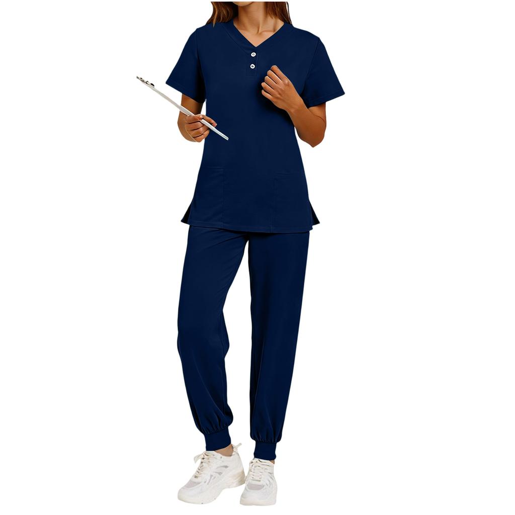 Nursing Scrub Set Women Quick Dry Fabric V Neck Short Sleeve Top with Pockets and Elastic Waist Long Pants Medical Uniform Workwear Set