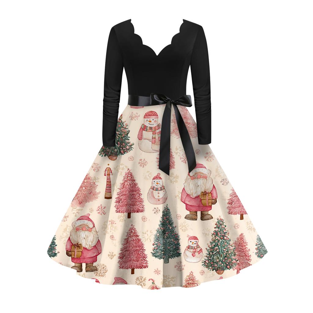 Women's Casual Fashion Long Sleeve Christmas Graphic Printed Vintage Long Dresses