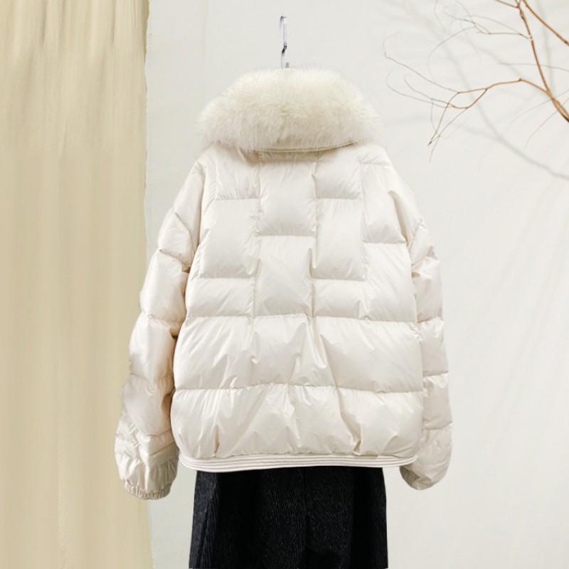 Womens Short Puffer Coat With Faux Fur Collar Stand Zip Front Loose Fit Winter Warm Outerwear