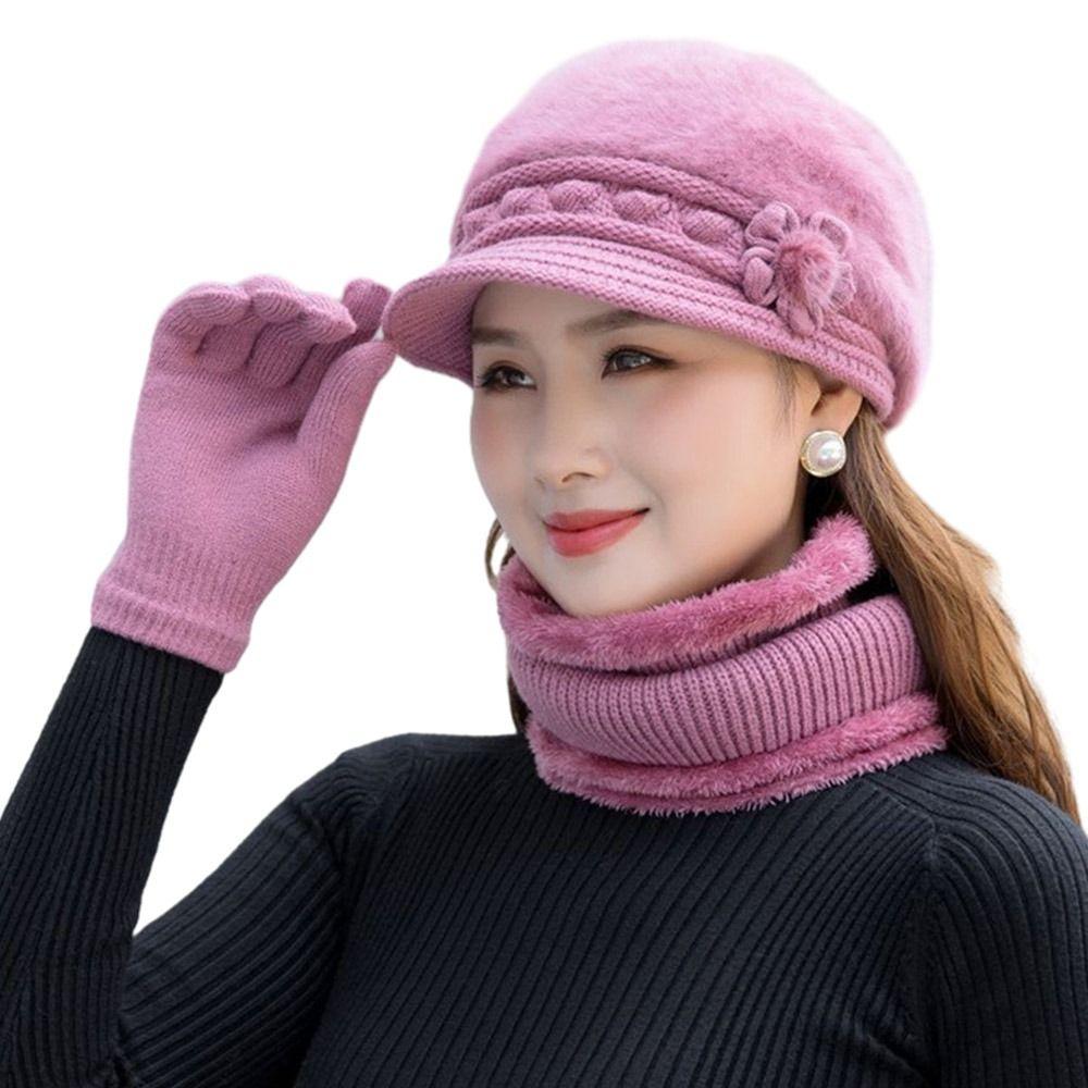 3Pcs/Set Neck Protection Scarf Gloves Set Soft Beanies Hat Winter Knitted Hat  Women