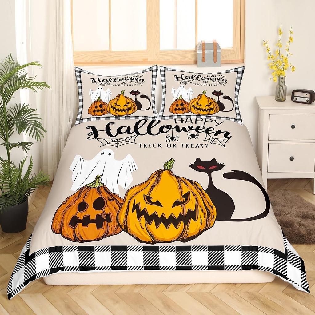 Pink Ghosts Duvet Cover Set Single Size Halloween Theme Bedding Set 2/3pcs Kids Girl Room Decor Gothic Skull Spider Bat Pumpkin